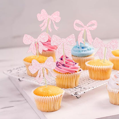 Gyufise 36Pcs Bow Cupcake Toppers Glitter Girls Birthday Decorations Bowknot Cupcake Picks Bow Tie Birthday Decorations Bow Cake Toppers for Bridal Baby Shower Bachelorette Party Supplies Light Pink