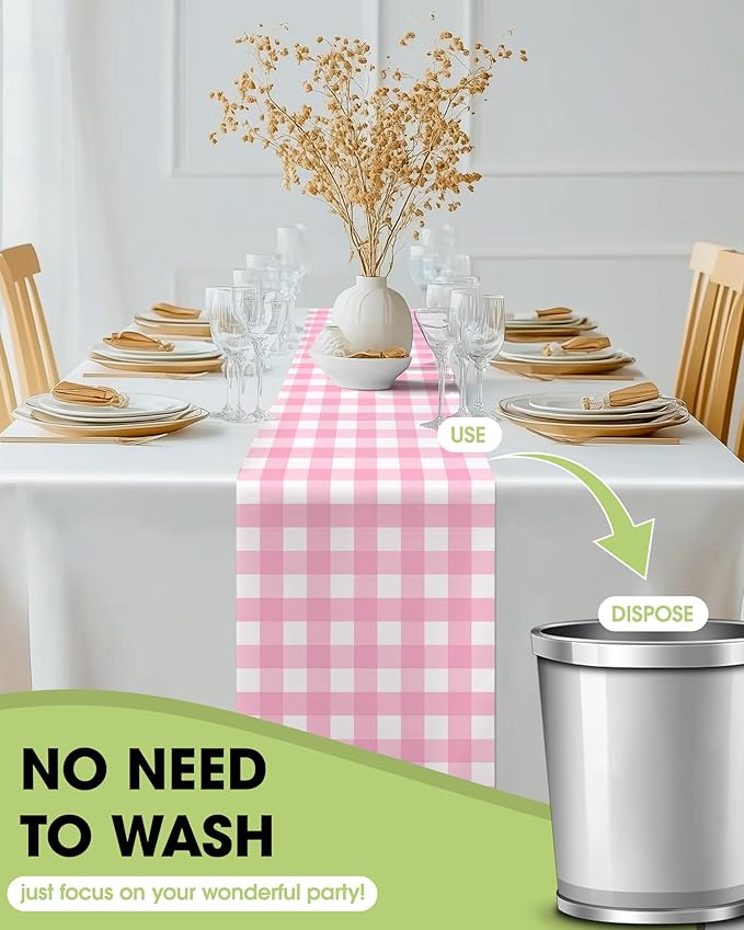Pureegg Gingham Plastic Table Runners - 10 Pack, 14'' x 108'', Water Resistant & Disposable Plaid Centerpiece Decorations for Table Cloth, Birthday, Holiday, Party, Pink and White Checkered Home Decor