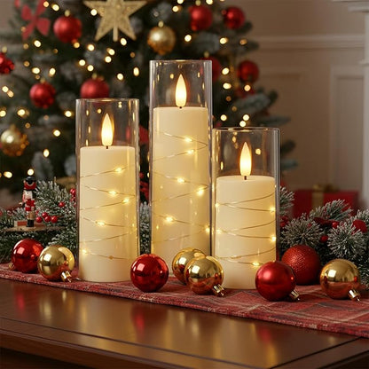 Raycare Flameless Candle with Remote Timer – 5 Flickering Acrylic Battery Operated LED Pillar Candles with Embedded Star String for Halloween, Home Decor, and as a Gift(Ivory)