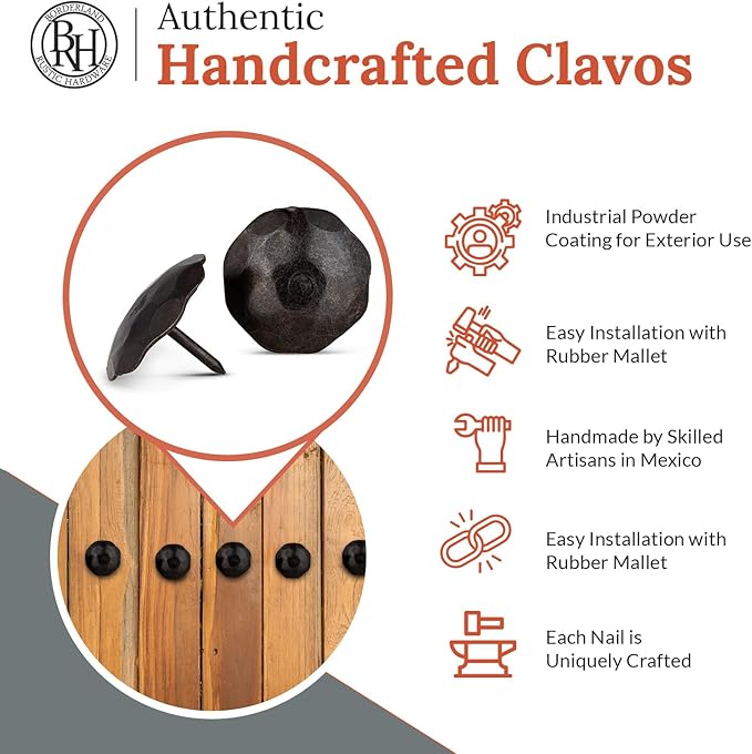 10 Pack 1.5" Round Head Iron Clavos Decorative Nails – Sealed Unfinished – Handmade Rustic Round Fasteners for Farmhouse Shutters, Faux Wood, Barn Doors, Shutters, Gates – Ornamental Wood Accent