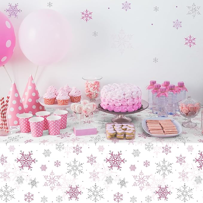 6 Pcs Christmas Snowflake Party Tablecloths Decorations,Plastic Pink Winter Onederland Rectangle Table Cover for Christmas New Year Girls 1st Birthday Baby Shower Holiday Party Decorations,54x108 inch