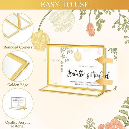 Hoteam 24 Pack 7 x 5 Clear Acrylic Sign Holder with Gold Borders, Gold Picture Frame, Double Sided Wedding Table Number, Acrylic Menu Stands for Wedding Table, Restaurant Sign, Photos Display