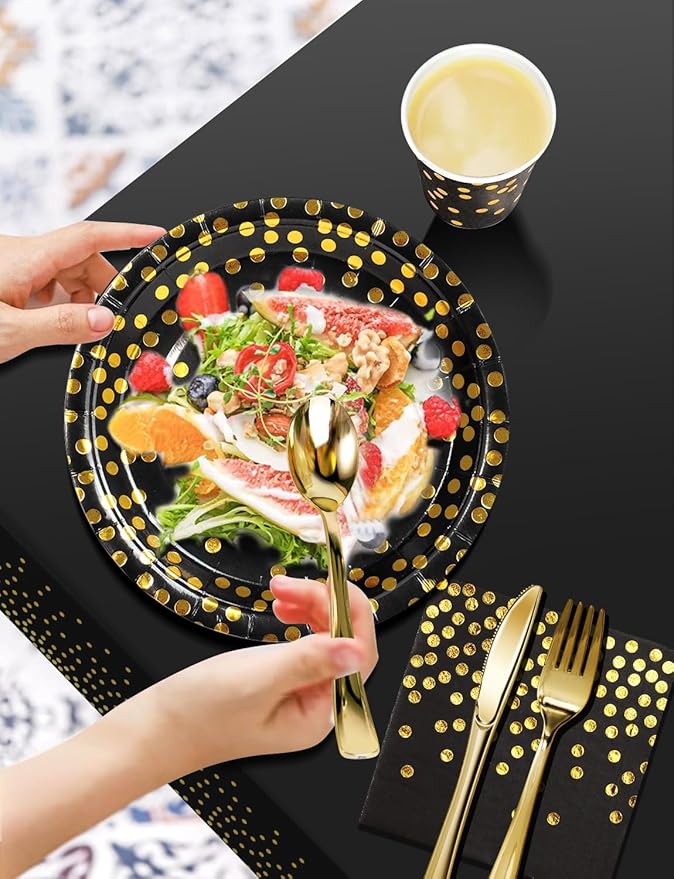 141 Pieces Black Gold Party Supplies, Party Dinnerware Sets Include Paper Plates Napkins Cups Silverware, for Wedding Bridal Shower Engagement Birthday Parties Decoration -20 Serves