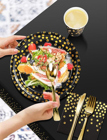 141 Pieces Black Gold Party Supplies, Party Dinnerware Sets Include Paper Plates Napkins Cups Silverware, for Wedding Bridal Shower Engagement Birthday Parties Decoration -20 Serves