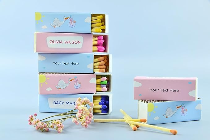 Customizable Baby Shower Matchboxes – Set of 10 – Cute Baby Design – Colorful Matchsticks – Perfect for Baby Shower Favors (2" Matchsticks, Baby #1)