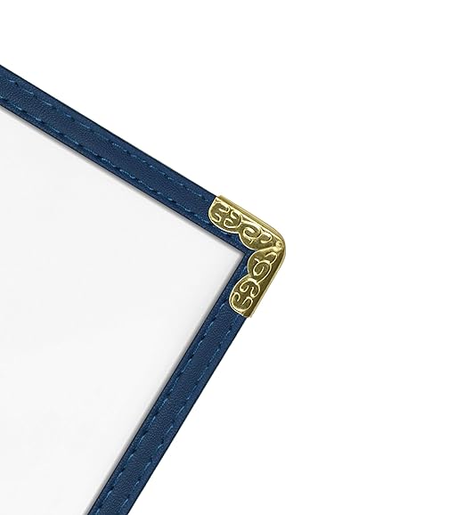 Goodsmart Restaurant Menu Covers - 25 Pack Blue 8.5" x 11", 2-Page/4-View, Side-Loading Vinyl Menu Holders, Clear Sleeves, Double-Stitched Edge, Leather-Style Café Menu Covers with Gold Corners
