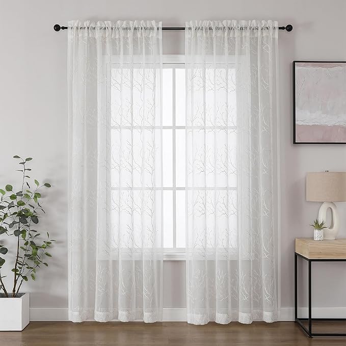 VISIONTEX Sheer Curtains 72 inch Length 2 Panels Set, Decorative Beige Coral Embroidery, Rod Pocket Embroidered Window Drapes for Living Room and Bedroom, 54" x 72"