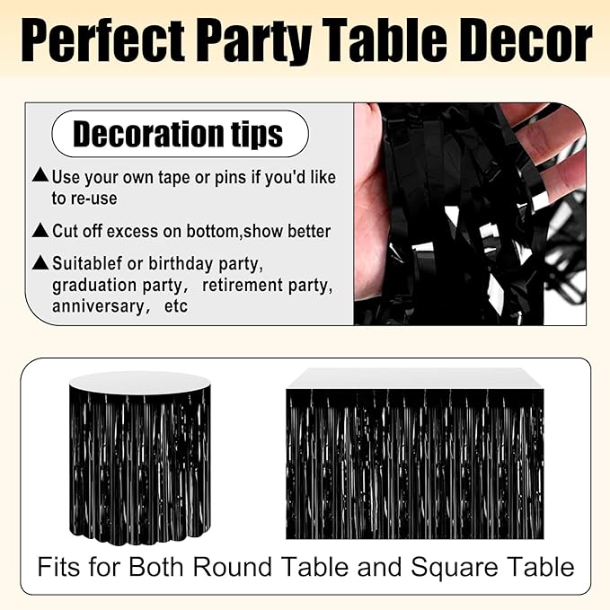 3 Pack 29x108 Inch Black Foil Fringe Table Skirts Metallic Banner for Tinsel Streamer Garland Backdrop for Parade Floats Wedding Thanksgiving Birthday Christmas Halloween Party Decoration