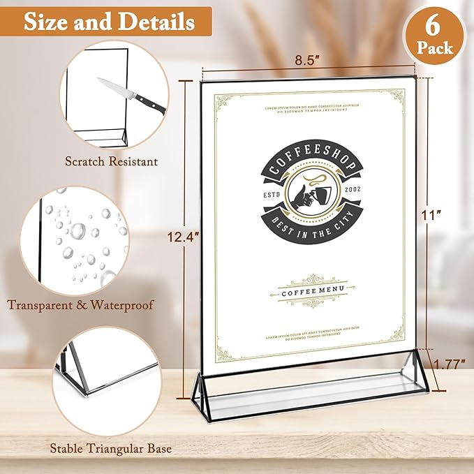 Floroom 6 Pack 8.5x11 Inch Clear Acrylic Sign Holders, Double-Sided Black Display Stand Picture Frames for Table Numbers, Menus, Flyers, Weddings, and Offices