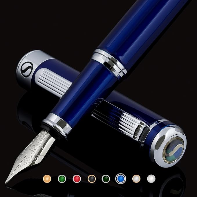 Scriveiner Midnight Blue Fountain Pen - Stunning Luxury Pen with Chrome Appointments, Schmidt Nib (Fine), Best Pen Gift Set for Men & Women, Professional, Executive, Office, Nice Pens