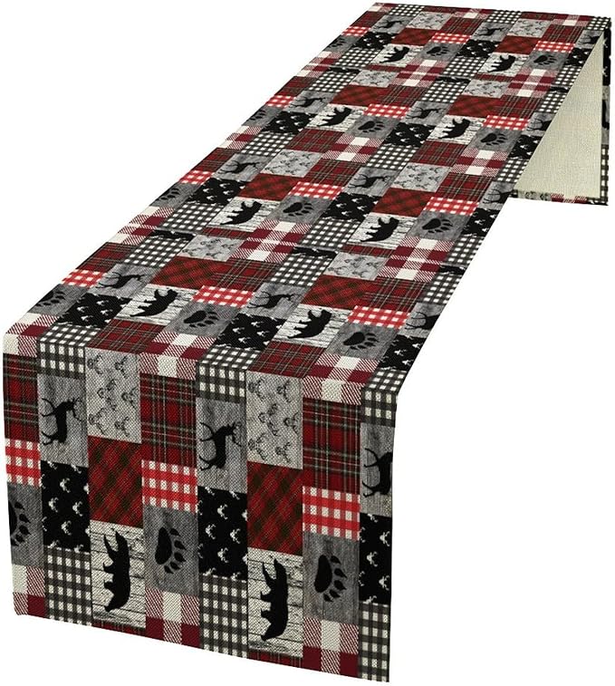Rustic Farm Table Runner,Vintage Woodland Deer Bear Animal Buffalo Plaid Print Tablecloth Burlap for Hotel Indoors Outdoor Dining Room Kitchen Home Decor,W13X L90 in