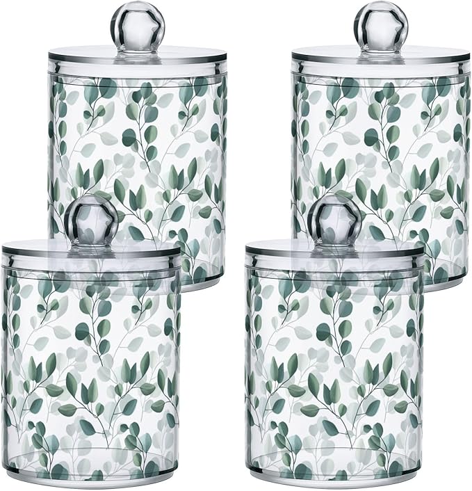 Qtip Holder Dispenser 2 Pack Green Watercolor Floral Leaves Apothecary Jars with Lids Bathroom Vanity Countertop Canister Storage Organizer for Cotton Ball,Swabs,Pads,Floss