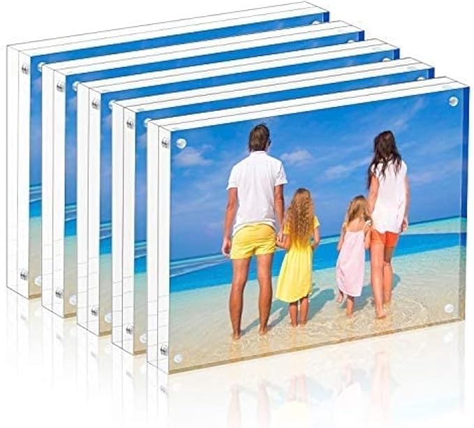 Meetu Acrylic Picture Frame 4x6,Clear Freestanding Double Sided 20mm Thickness Frameless Magnetic Photo Frames Desktop Display with Gift Box Package(5 Pack)