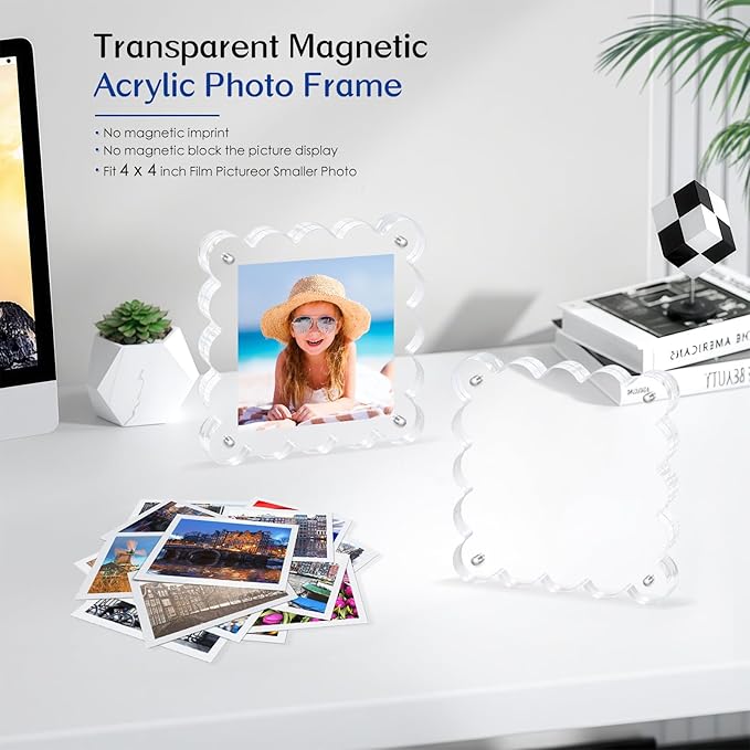 Acrylic Magnetic Picture Frames 4x4-6Pack Clear Freestanding Photo Frame.Double-Sided Scalloped Edges, 10+10mm Thick Block, for Modern Desktop Display &Perfect for Gifts (6 Pack, 4X4)