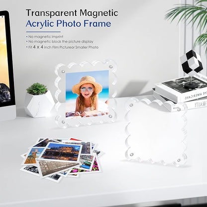 Acrylic Magnetic Picture Frames 4x4-6Pack Clear Freestanding Photo Frame.Double-Sided Scalloped Edges, 10+10mm Thick Block, for Modern Desktop Display &Perfect for Gifts (6 Pack, 4X4)