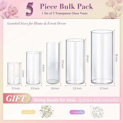 5pcs Glass Vase Cylinder Vases for Centerpieces Small Flower Glass Clear Vases Home Decor Centerpiece Table Flower Vase Decorations for Wedding Decoration＆Holiday Mixed Sizes Tall