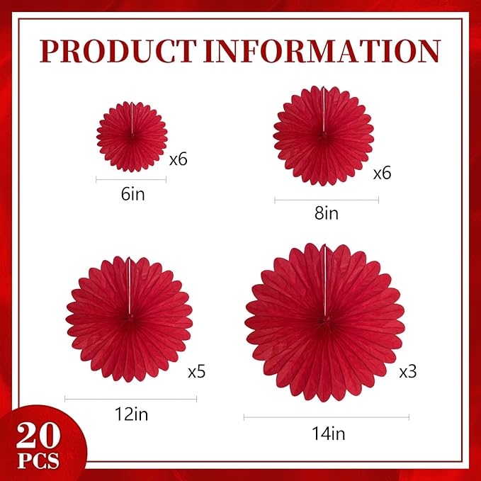 20 Pcs Red Hanging Paper Fan, Hanging Honeycomb Round Paper Fans for Weddings, Birthdays, Christmas, Baby Showers, Classroom, Events Ceiling Party Supplies Decorations