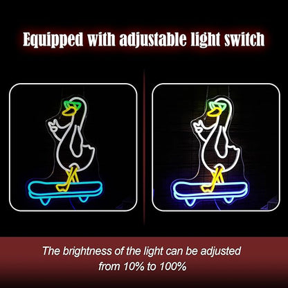 Duck Neon Sign Cool Skateboard Glasses Duck Neon Light for Wall Decor Dimmable Duck Light Up Sign Powered by USB for Living Room Kids Room Art Wall Decor Boys Girls Gifts (16.7”*12.8”)