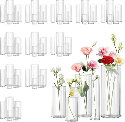 60pcs Cylinder Glass Vase for Centerpieces, 4,6,7.5,8,10 inch Tall Clear Flower Vase Bulk Floating Candle Holder for Wedding Table Home Décor and Party