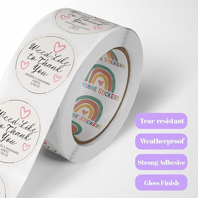 150 Custom Circle/Square BOPP Roll Labels- Personalized Stickers for Business Logo, Party, Wedding Favor, Baby Shower-Any Design Text + Image, Matte/Gloss Finish (1.5 Inch Square)