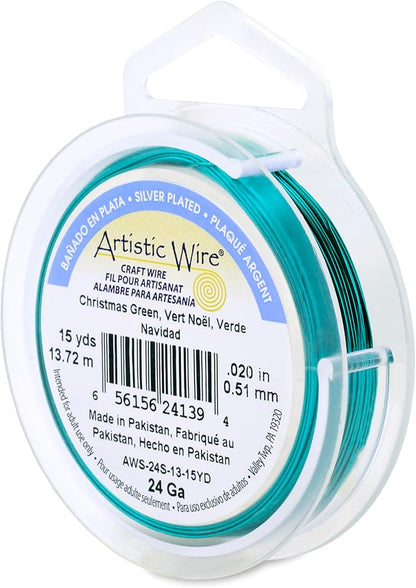 Artistic Wire, 24 Gauge Silver Plated Tarnish Resistant Colored Copper Craft Wire, Christmas Green, 15 yd