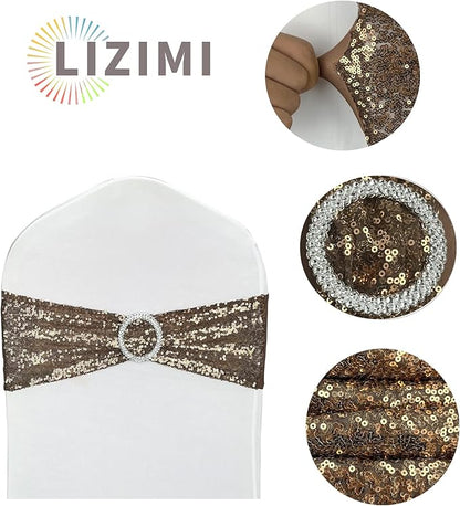 25 Pcs Chair Sashes Sequin Stretch Chair Bands Spandex Polyester Bows for Party Hotel Wedding Banquets Decoration - Coffee