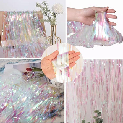 BRAVESHINE Party Decorations Iridescent Foil Fringe Backdrops - 2 Pack 3.2 x 6.5 ft Holographic Tinsel Photo Booths Pros Streamer Curtains for Easter Girl Birthdays Engagement Unicorn Parties - Clear