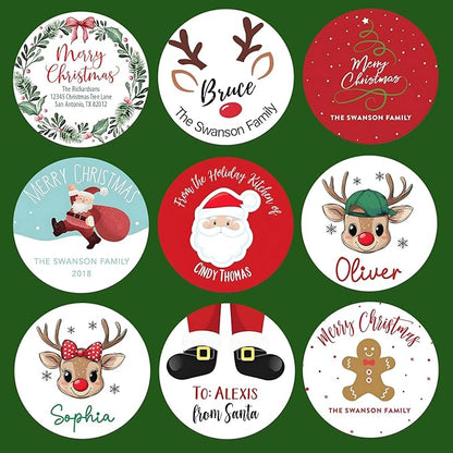 36pcs Personalized Christmas Stickers Gift Wrap Labels-Available in 12 Templates Custom Waterproof Cute Santa Reindeer Decals for Christmas Gift Box Tags Party Decorations Envelopes (Round Sticker)