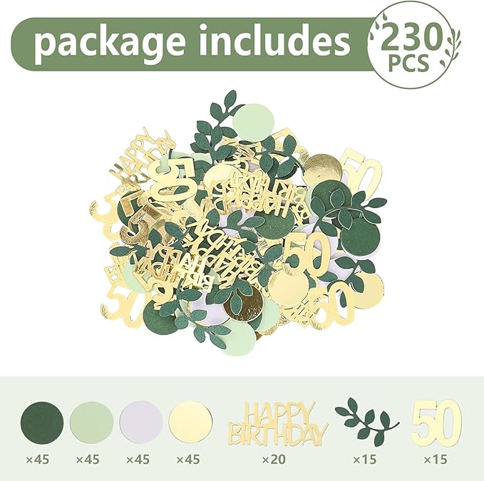 Sage Green 50th Happy Birthday Confetti, 50th Birthday Table Decorations Scatter Green Gold Foil Cake Confetti Decorations for 50 Bday Women Men Party Decor 230 Pcs