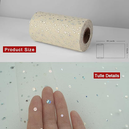 Glitter Tulle Rolls, 6' by 50 Yards (150FT) Sequin Tulle Netting Fabric for Tutu Skirts Sewing Birthday Wedding Party Decoration (Ivory)