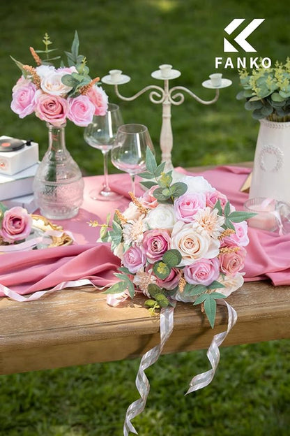FANKO Rose Artificial Flowers Combo for DIY, Fake Pink Rose Artificial Silk Flowers with Greenery, Real Looking Artificial Faux Flowers for Wedding, Table Decoration, Centerpieces, Party, Home Décor