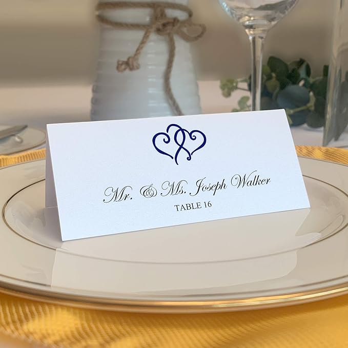 Linked Hearts Printable Place Cards, Navy (Choose Color), Set of 60 (10 Sheets), Laser & Inkjet Printers - Wedding, Party, Dinner, and Special Events - Made in the USA