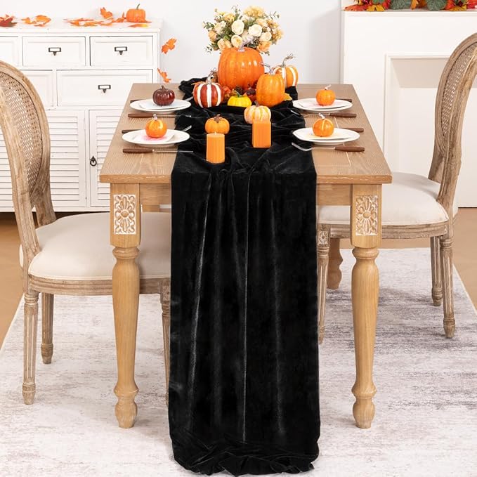 Black Velvet Table Runner Fall Halloween Black Table Runner 20 x 120 Inch Luxurious Elegant Velvet Fabric Thanksgiving Table Decorations for Christmas Dinner Wedding Bridal Baby Shower