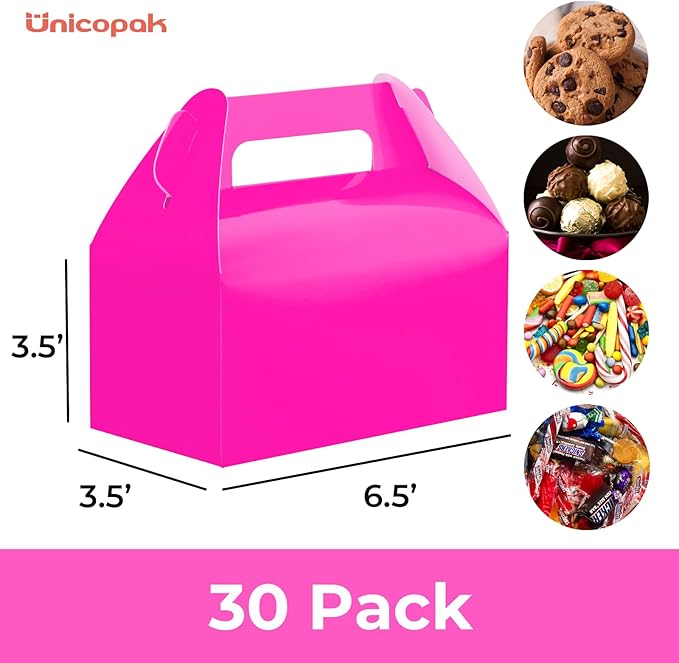 UnicoPak 30 Pack Shiny Hot Pink Gable Gift Boxes Party Favor Boxes, Candy Treat Boxes Goodie Bags for Candy, Treats, Girl Theme Birthday Party Wedding Valentine Baby Shower – 6.5x3.5x3.5 Inches