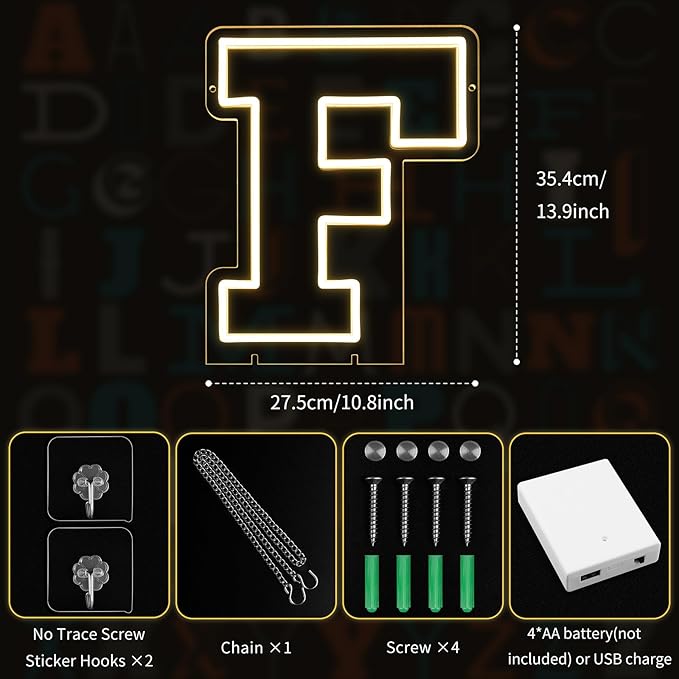 Light Up Letters F, Led Marquee Letter Lights Neon Sign, 13.9" Height Decorative Lighted Alphabet Number, Battery/USB Powered Led Letters Lights for Wedding, Birthday, Party, Christmas or Home Decor