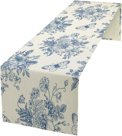 Monochrome Sketch Flowers Table Runner, Seasonal Spring Fall Plants Blue Florals Butterfly Dinner Runner for Home Kitchen Dining Table Party Holiday Decoration 13"x70"