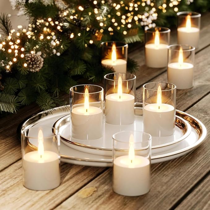 12Pack Flickering Flameless LED Candles with Timer, Battery Powered - Small Pillar & Votive, Clear (2"X3")