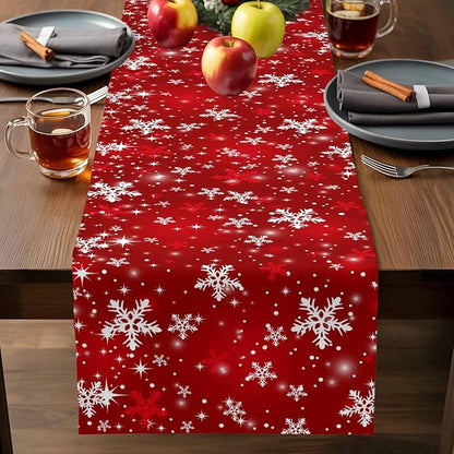Christmas Snowflakes Cotton Linen Table Runner for Dining Kitchen, Red Xmas Winter Snow Wedding Outdoor Party Tablerunners Decoration, New Year Dresser Scarf Coffee Tablecloth Runners 13x72 Inches