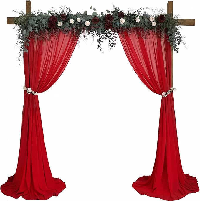DUOBAO Red Chiffon Backdrop Curtain 5FTx8FT Polyester Curtains for Wedding Ceremony 96" Long Sheer Drapes 2 Pcs Girls' Bedroom Party Stage Decoration (58" W x 96" L)