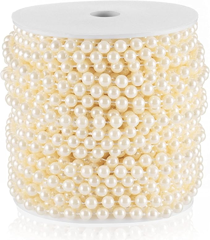 Craft String Pearls 6MM Pearl Bead, 66 Feet Ivory Faux Pearl Garland Spool Roll Strand Wedding Party Decoration, Christmas Tree Decorations