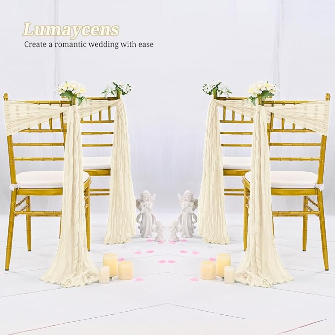 50 PCS Cheesecloth Chair Sashes Bows Wedding Aisle Decorations Chair Ribbon Ties Back Sash for Wedding Party Events Banquet Chair Cover Decoration (Ivory)