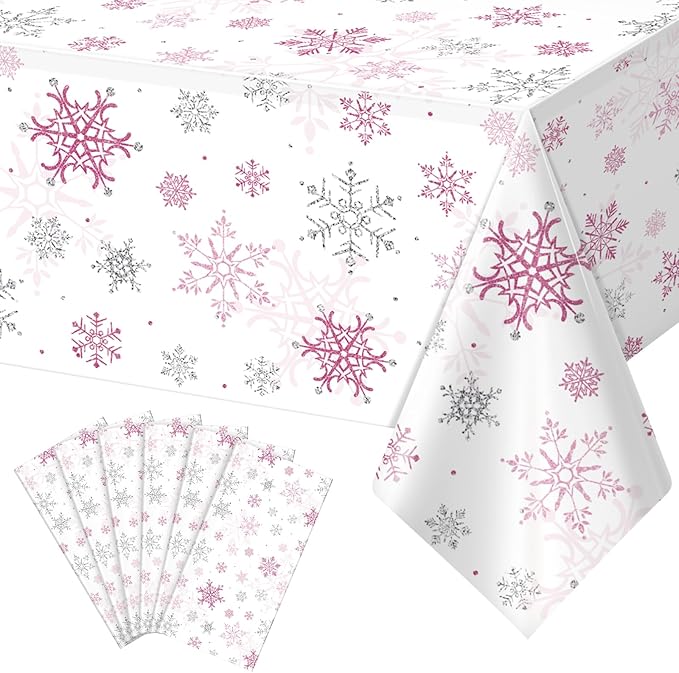 6 Pcs Christmas Snowflake Party Tablecloths Decorations,Plastic Pink Winter Onederland Rectangle Table Cover for Christmas New Year Girls 1st Birthday Baby Shower Holiday Party Decorations,54x108 inch