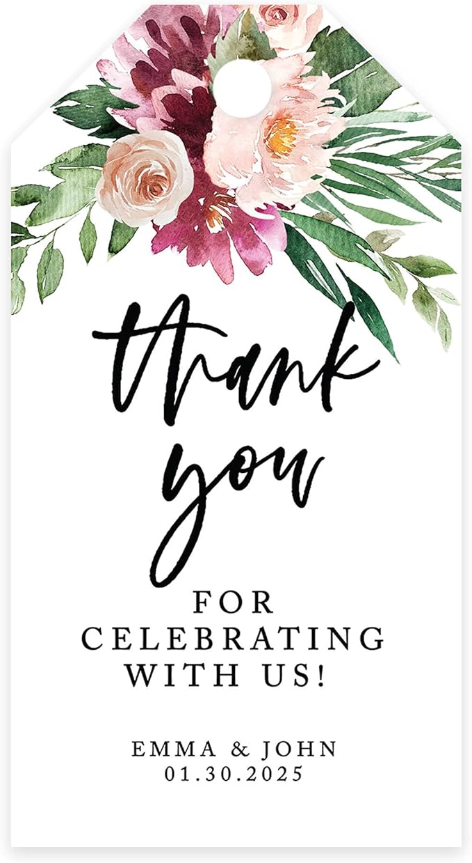 Andaz Press 100-Pack Personalized Thank You for Celebrating with Us Wedding Favor Tags with Bakers Twine Spring Watercolor Florals Custom Cardstock Wedding Gift Tags for Party Favors 2 x 3.75-Inches