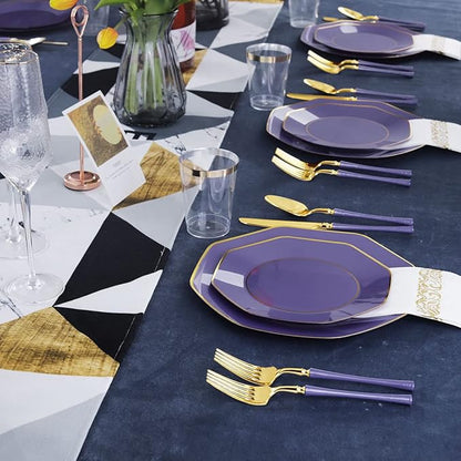 KIRE 140Pcs Purple Plastic Plates with Gold Rim& Gold Disposable Plastic Silverware with Handle&Clear Cups&Hand Napkin- Geometric Purple Plastic Plates for Parties & Mardi Gras plates