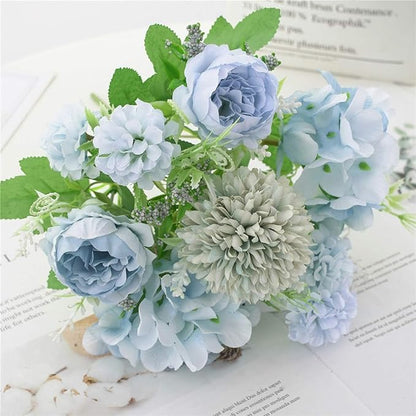 Artificial Flowers, Fake Peony Silk Hydrangea Bouquet Decor Plastic Carnations Daisy Realistic Flower Arrangements Wedding Decoration Table Centerpieces,for Home Office Party Decor 2 Pcs(Blue)