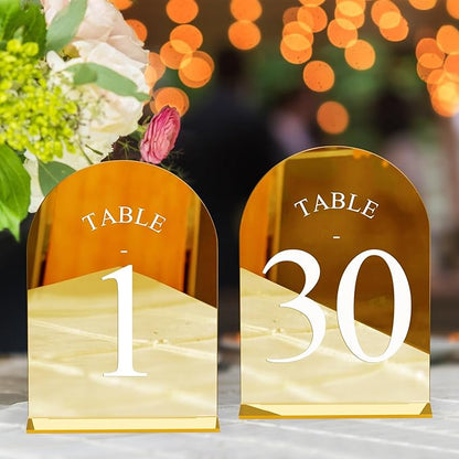 JOYIT Arch Wedding Table Numbers 1-30 with Stands – 5" X 7" Acrylic Mirrored Gold Table Number Holders, Perfect for Wedding Receptions, Parties, Anniversaries, and Events