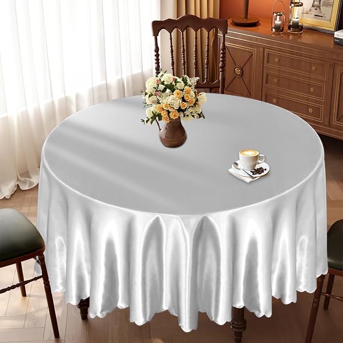 KKJIAF 1 Pack Round Table Cloths 90 Inch, Silver Overlay Round Satin Table Cover, Silky Satin Dining Tablecloths for Wedding Buffet Parties Banquet Decoration