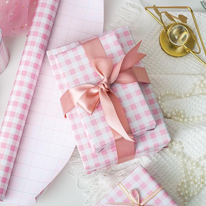 Burymento Pink Checkerboard Wrapping Paper, Gift Wrap for Birthday, Valentines, Mothers day, Graduation, Wedding, Fathers day, Baby Shower, Christmas (17in x 32.8ft)