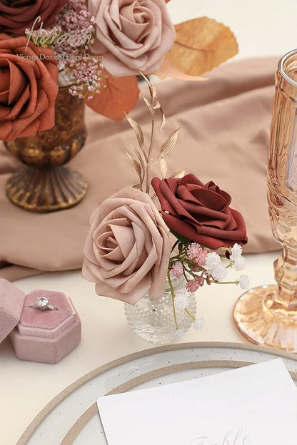 Floroom Artificial Flowers 25pcs Real Looking Terracotta Ombre Colors Foam Fake Roses with Stems for DIY Wedding Bouquets Bridal Shower Floral Centerpieces Party Tables Home Decorations