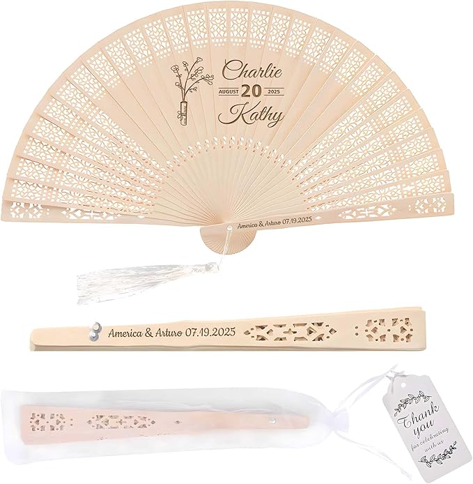 50 PCS Custom Fans Personalized Folding Fans for Line Dancing Wooden Hand Fan Wedding Favors Bulk Fans for Guests Party Event Use (Style12)